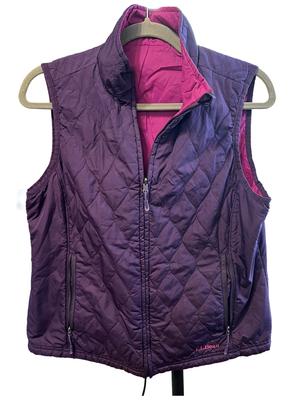 L.L. Bean Quilted Reversible Purple with Pink Lining Vest Full Zip Med Petite